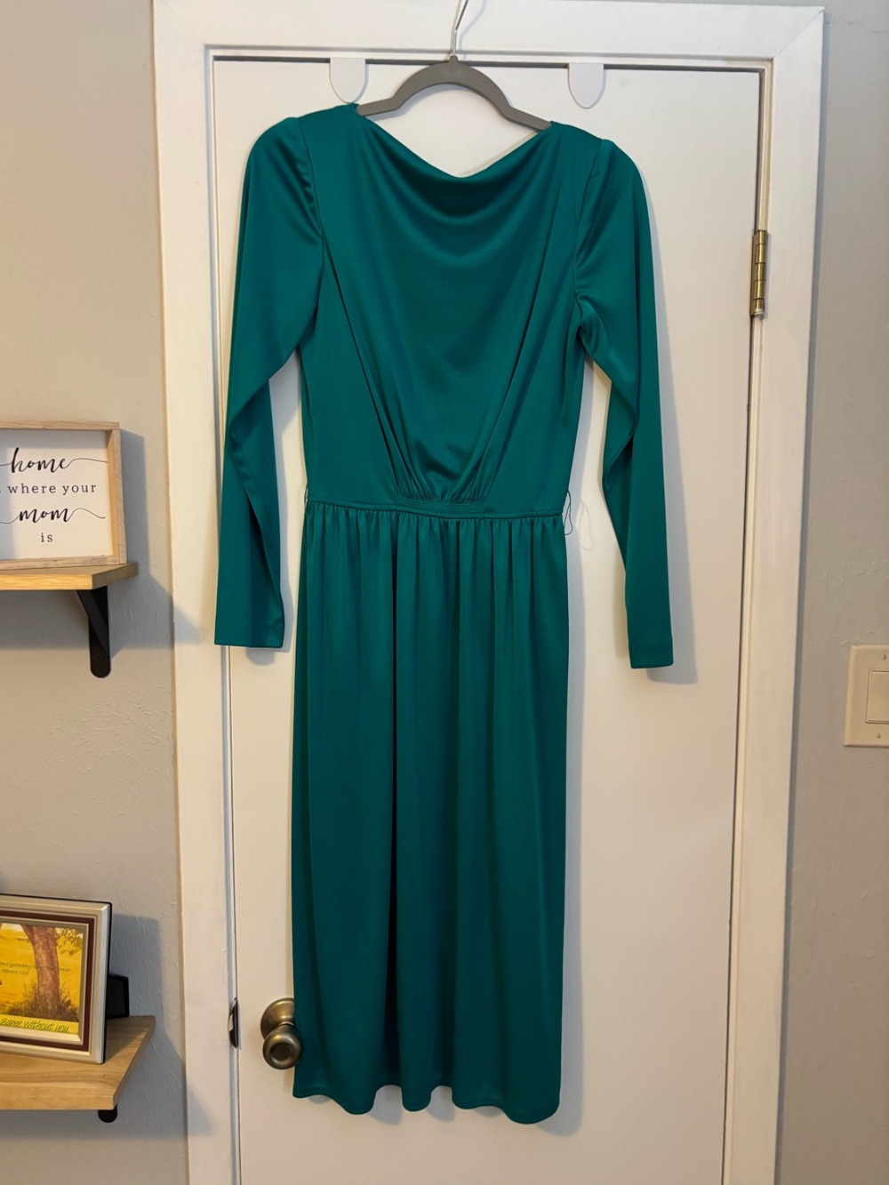 Long Sleeve Teal Midi Dress with Gathered Waist